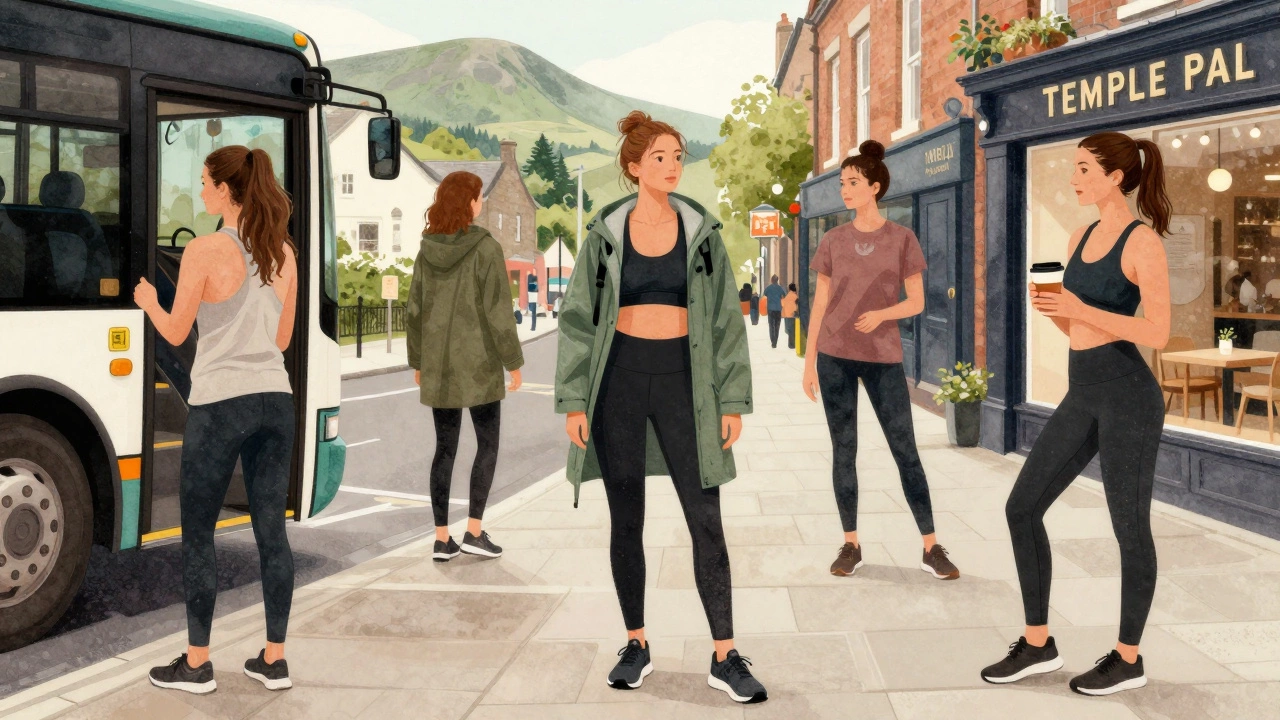 Three Irish women in Lululemon leggings are shown in daily settings: commuting, hiking, and leaving yoga, all in muted, weather-appropriate tones.