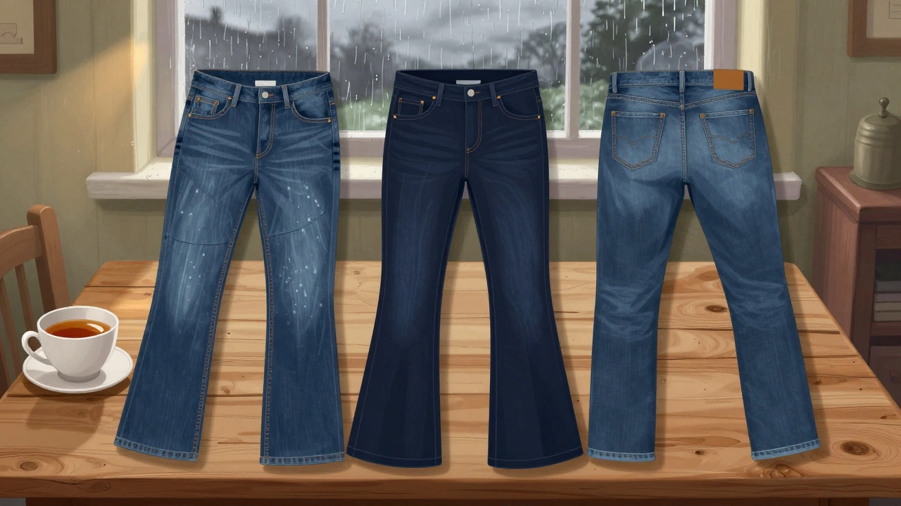 Three pairs of flattering jeans on a wooden table with tea and a rain-streaked window in an Irish home.