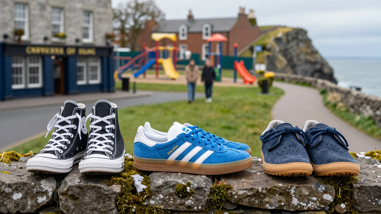 Three worn Irish sneakers on a mossy stone wall, symbolizing their use in commuting, walking, and daily life.