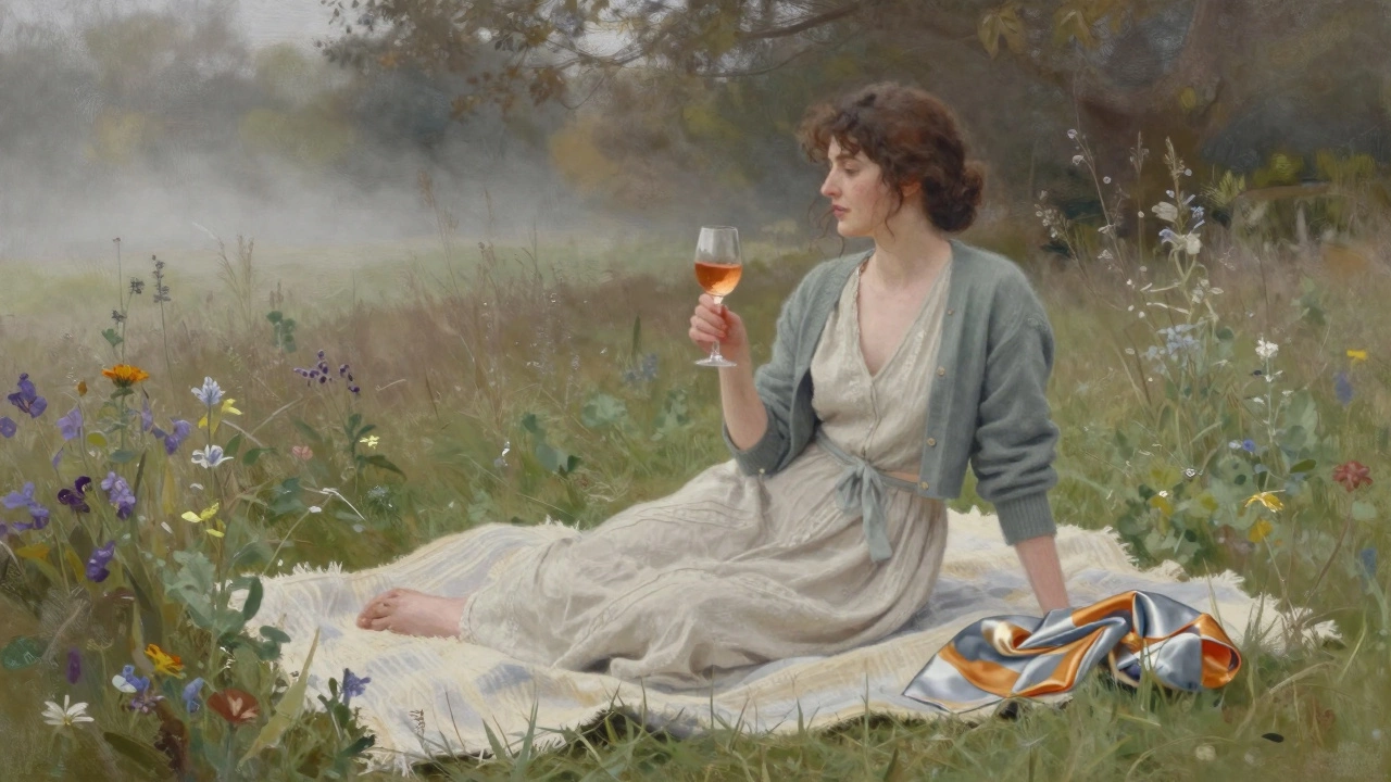 Woman having a picnic on damp grass in a wrap dress and cardigan, holding rosé, misty park background with wildflowers.