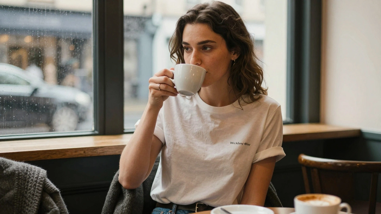 Woman in Cork wearing a men's medium t-shirt with rolled sleeves and a cardigan.