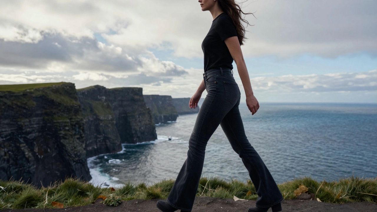 Woman walking confidently along the Cliffs of Moher in dark high-rise flared jeans with wind in her hair.
