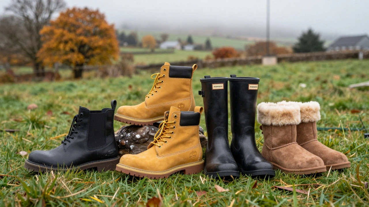 A collection of various women's waterproof boots against a misty Irish autumn background