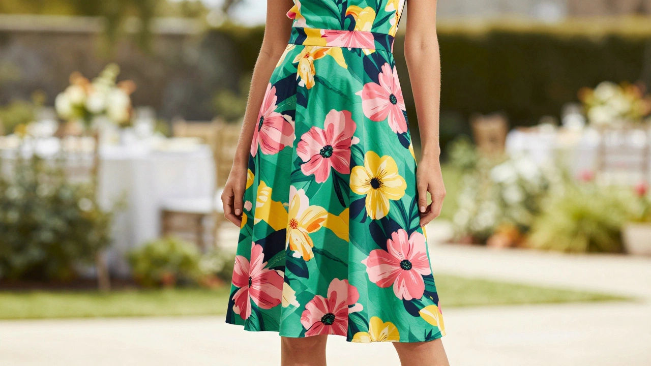 A-line midi dress with bold floral print against a garden background