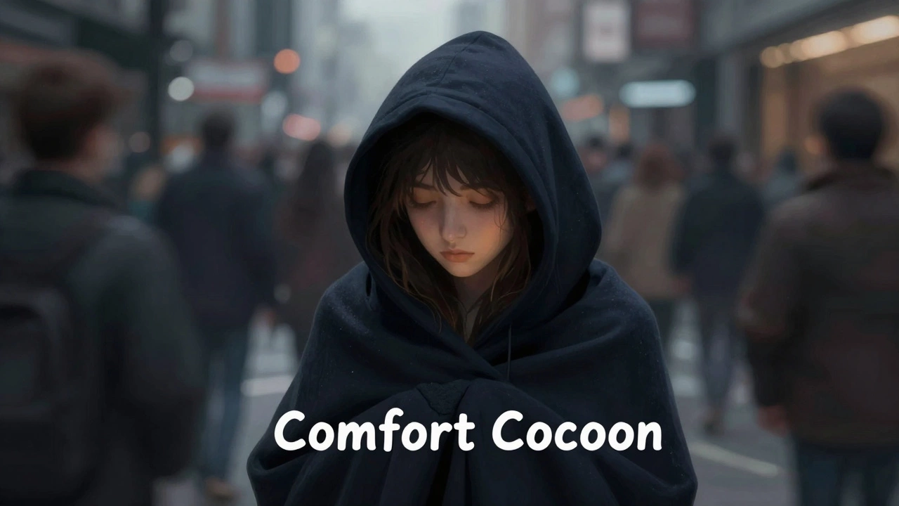 A person in a navy hoodie using it as a protective cocoon in a crowded city setting