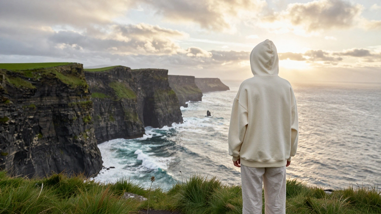 A person wearing a cream hoodie and linen trousers standing by the Cliffs of Moher