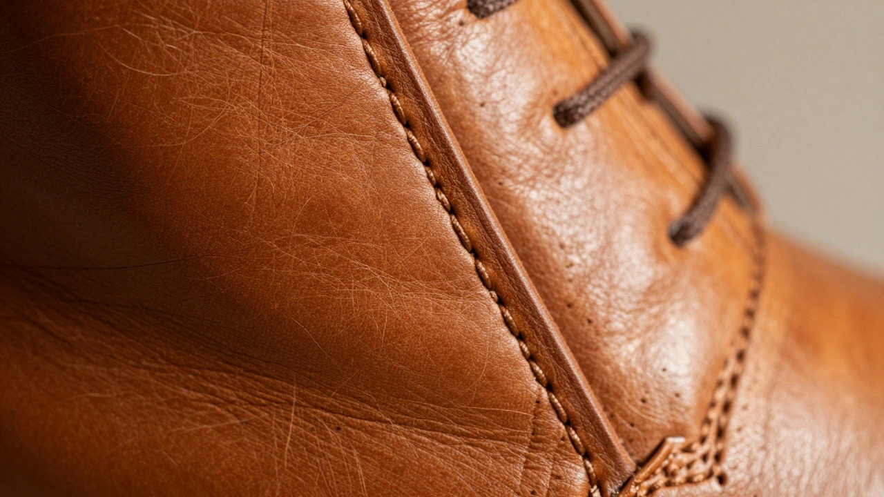 Close-up of full-grain leather texture and welt stitching detail.