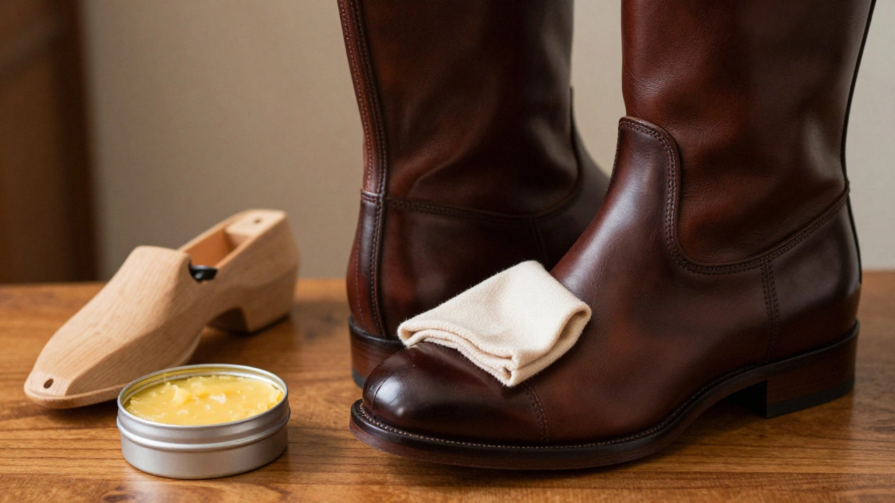 Close-up of luxury leather boots being polished next to a cedar shoe tree