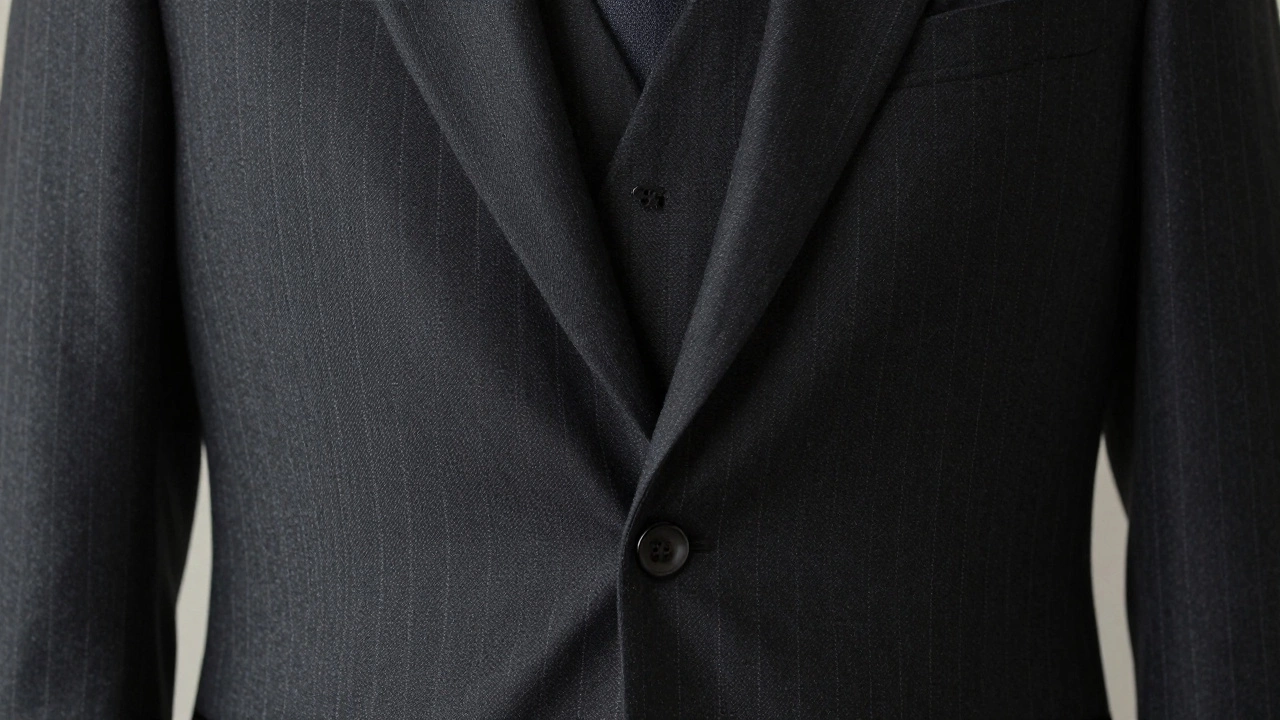 Close-up of thin pinstripes on a dark matte wool suit fabric