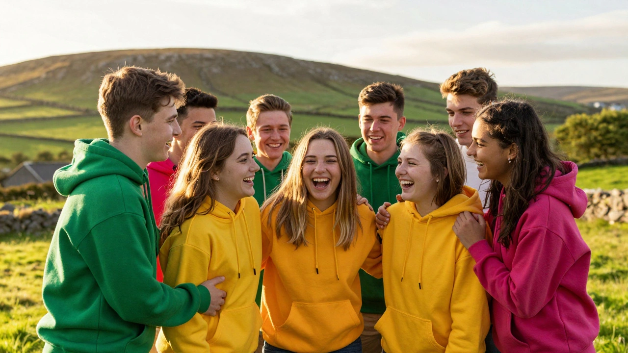 Group of Irish teenagers wearing matching colorful leavers hoodies in a green rural field.
