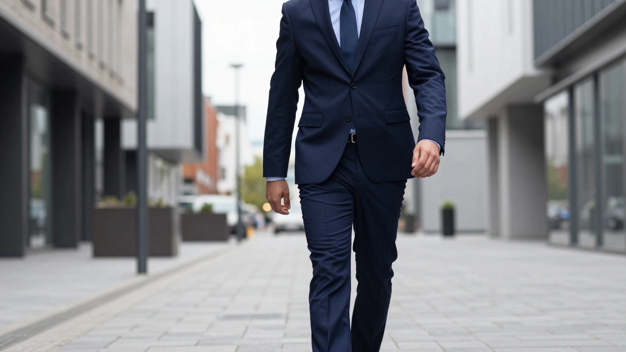 Man wearing a slimming midnight navy blue suit in Dublin Docklands