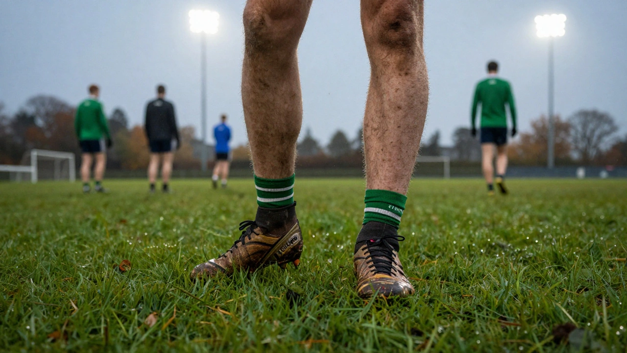 Muddy football boots on a wet green Irish pitch under stadium lights