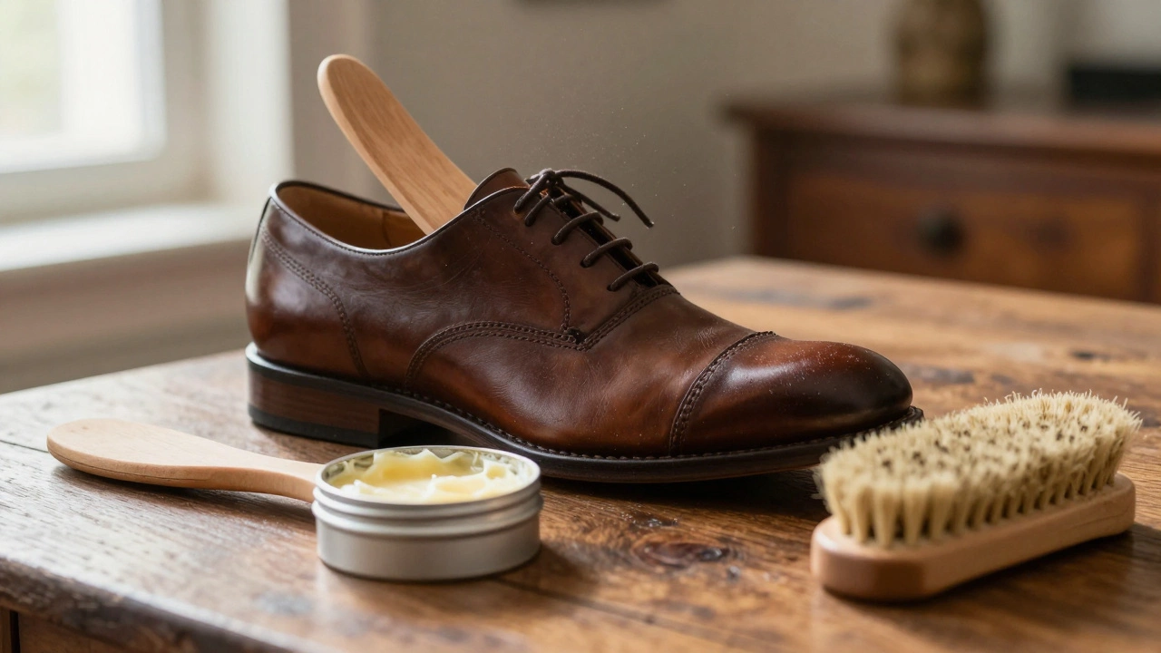 Polished shoe with wooden tree and wax conditioner on a table.