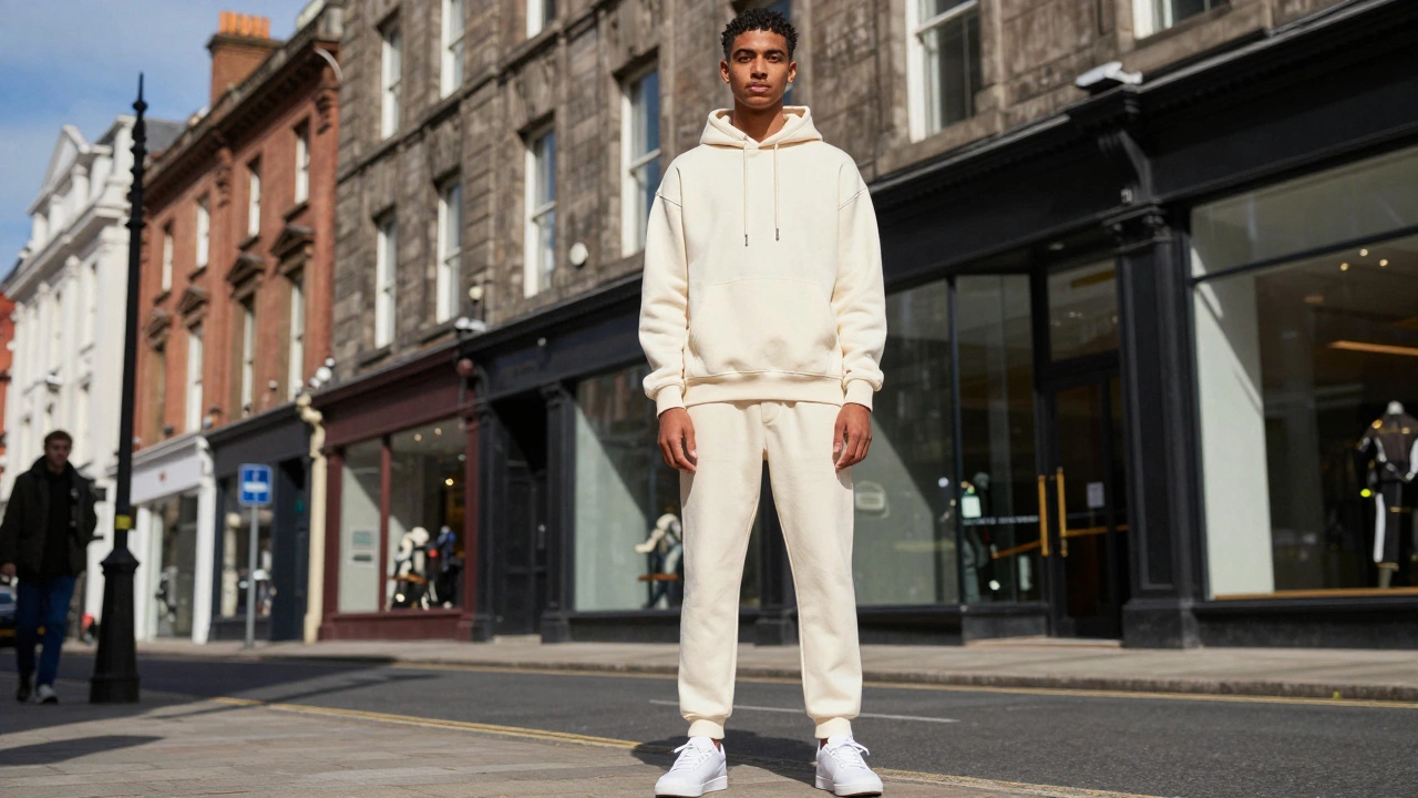 Stylish person wearing a luxury cream-colored designer hoodie in a modern city setting.