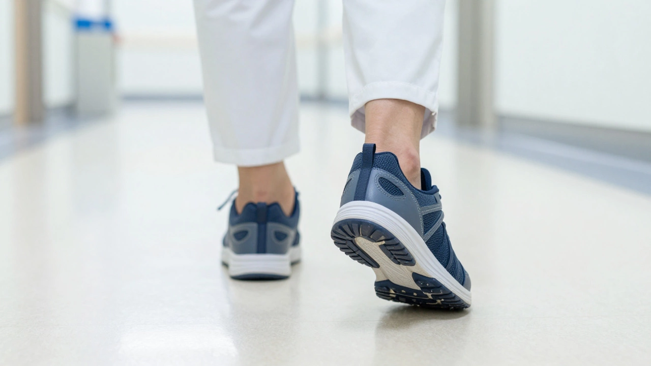 Supportive athletic shoes walking on a sterile hospital floor