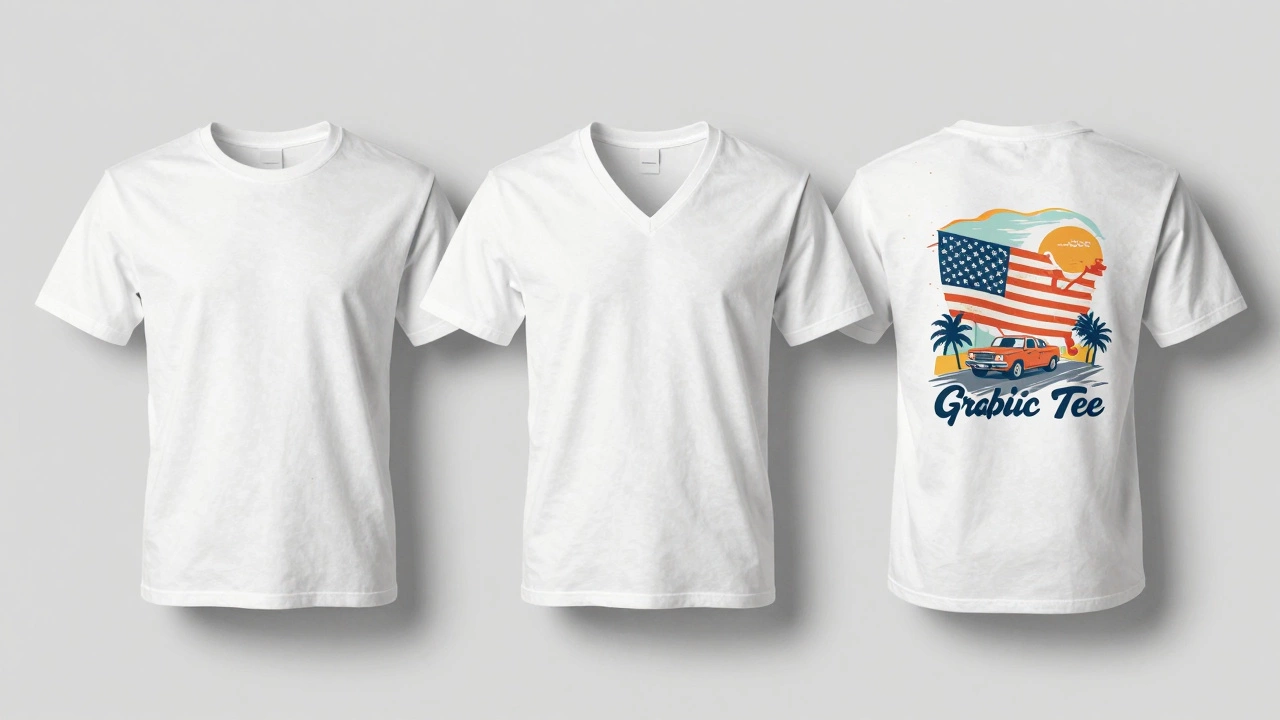 Three different T-shirt styles: a crewneck, a V-neck, and a graphic tee.