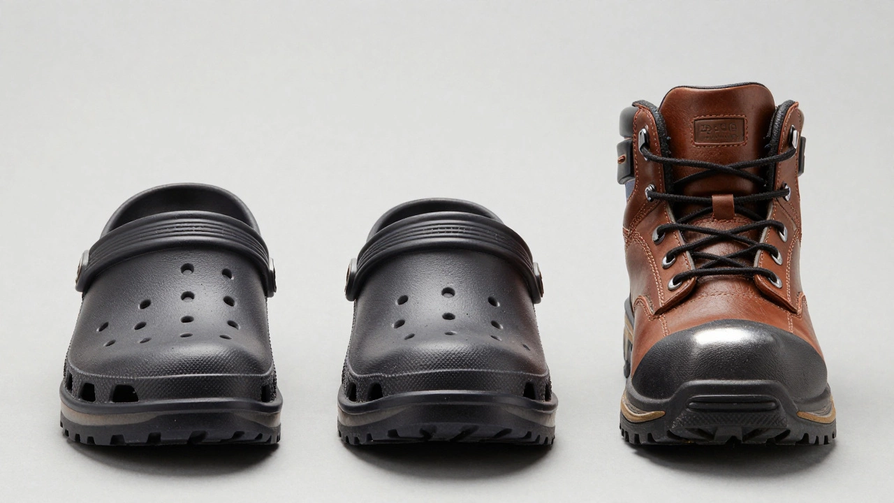 Three types of work footwear: classic clogs, professional clogs, and safety boots