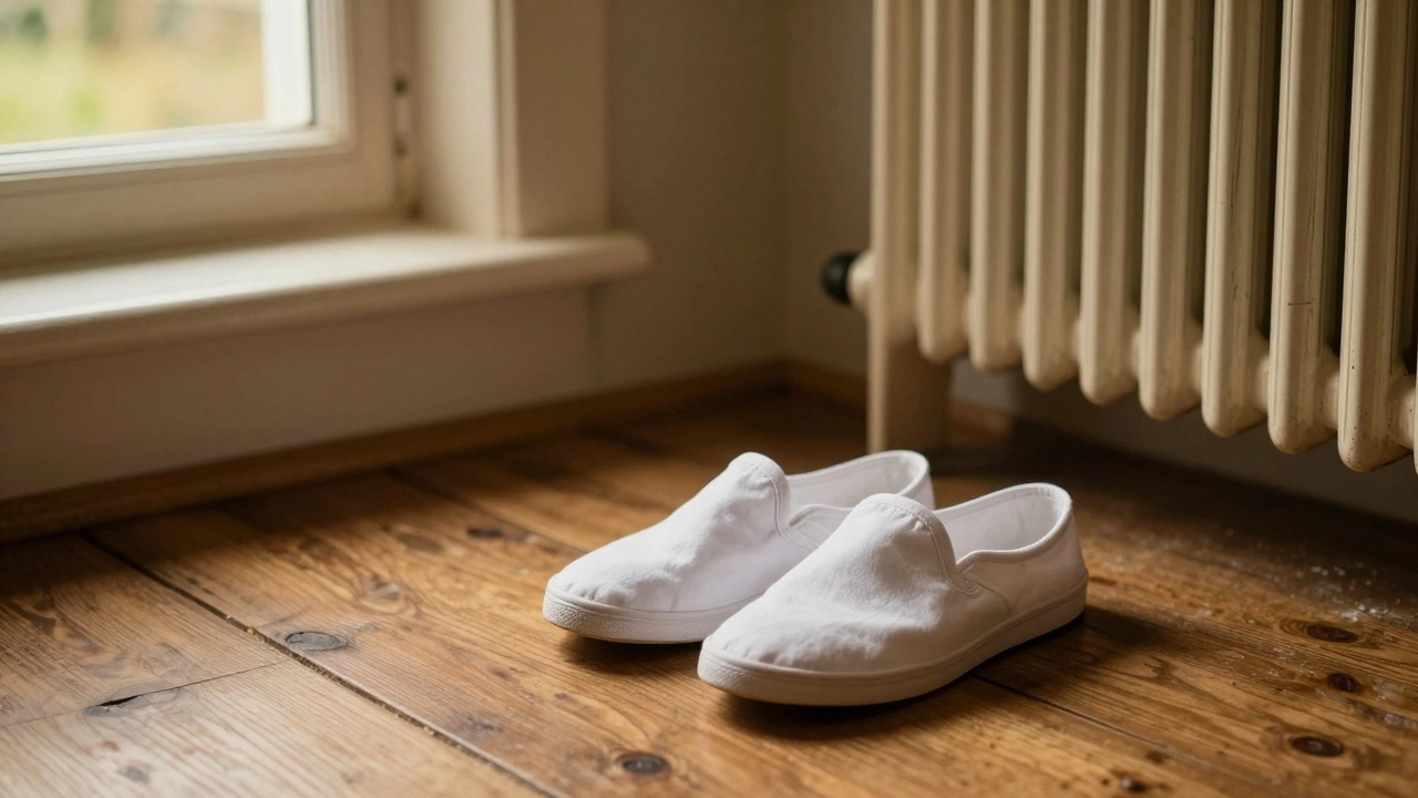 White canvas daps resting on a wooden floor in a cozy home