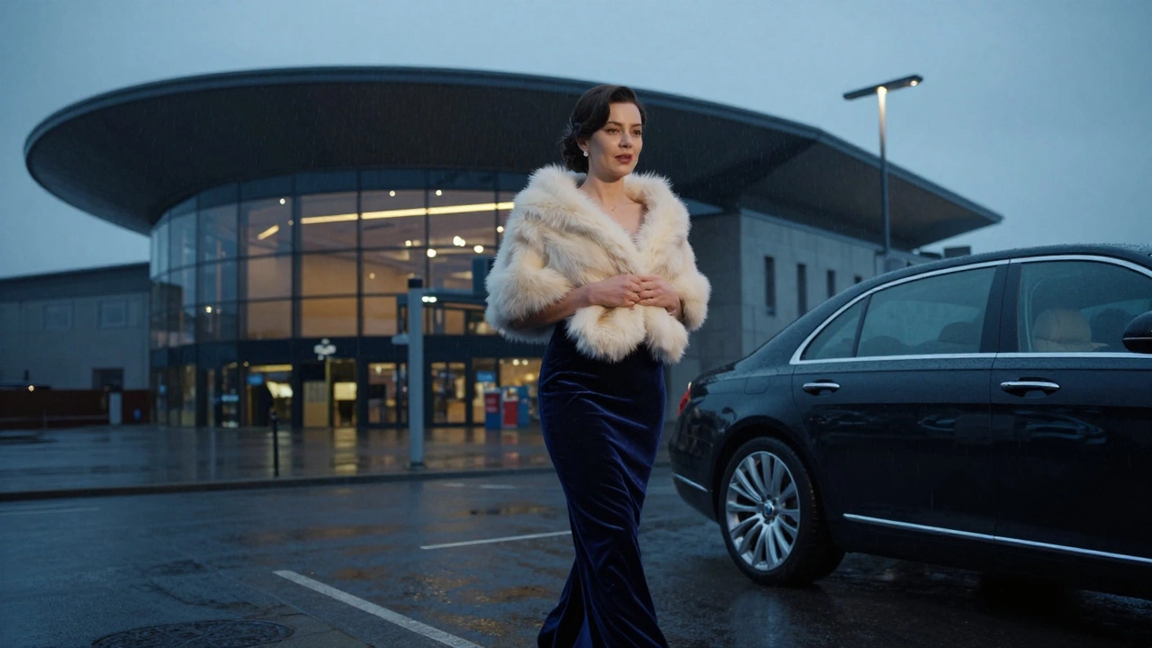 Woman in a navy velvet dress and cream faux-fur wrap arriving at a venue in the rain
