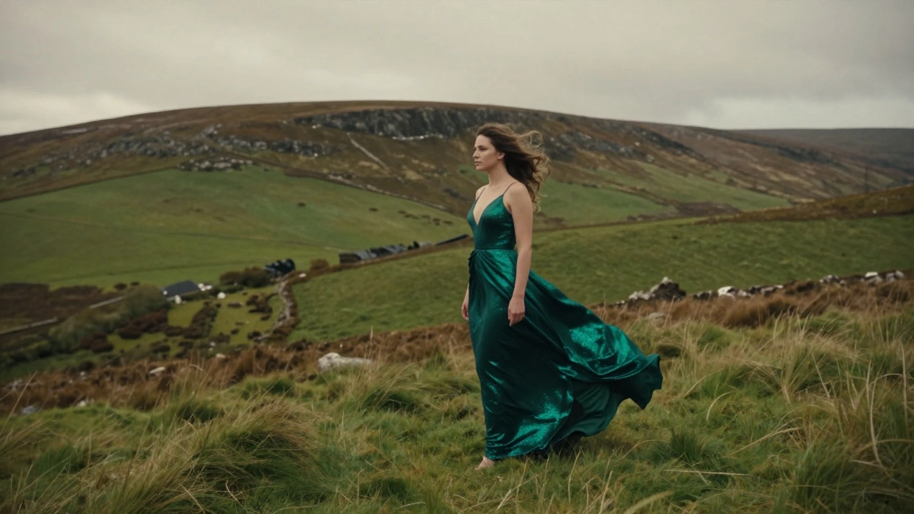 Woman in an emerald green gown standing in the lush hills of Kerry