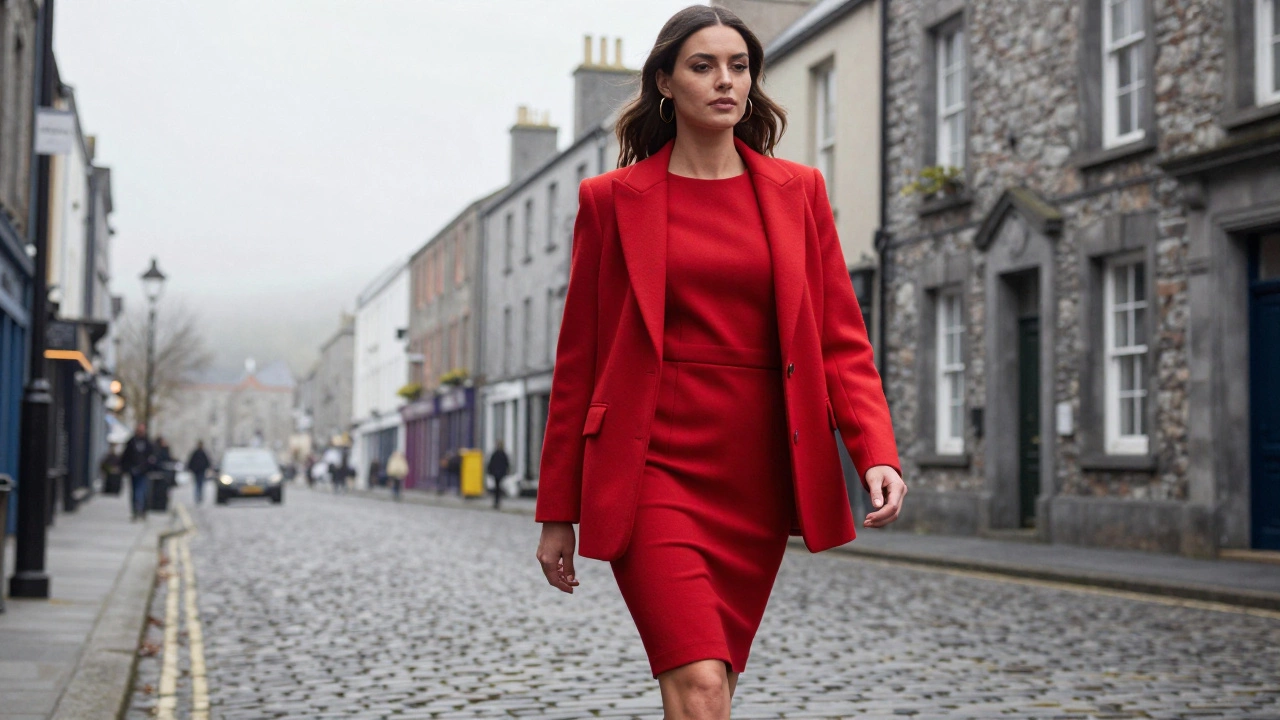 Woman wearing a bold red dress and blazer on a Galway street
