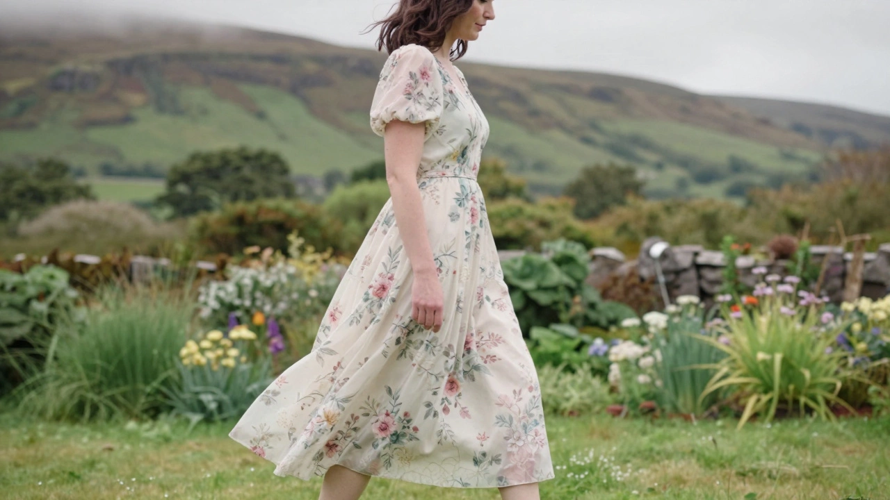 Woman wearing a floral tea-length midi dress in a scenic County Kerry garden