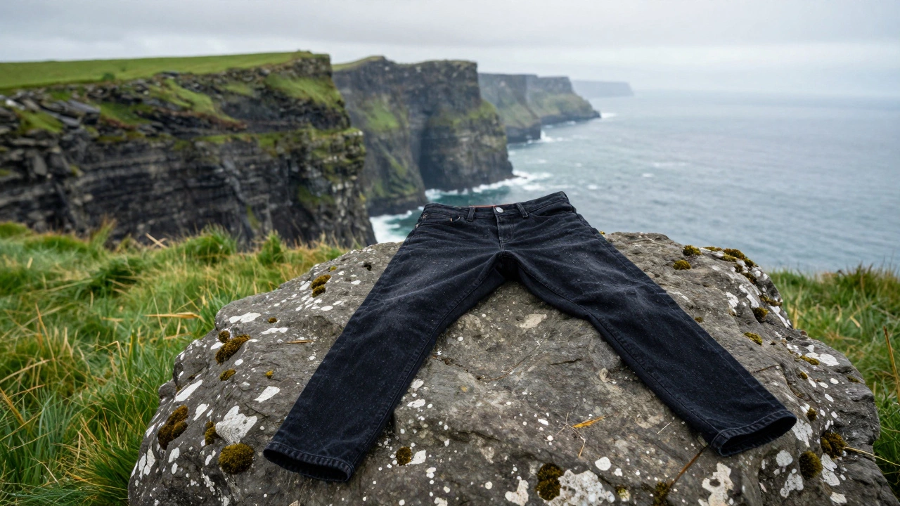 Black jeans on a mossy rock with Irish cliffs and ocean in background