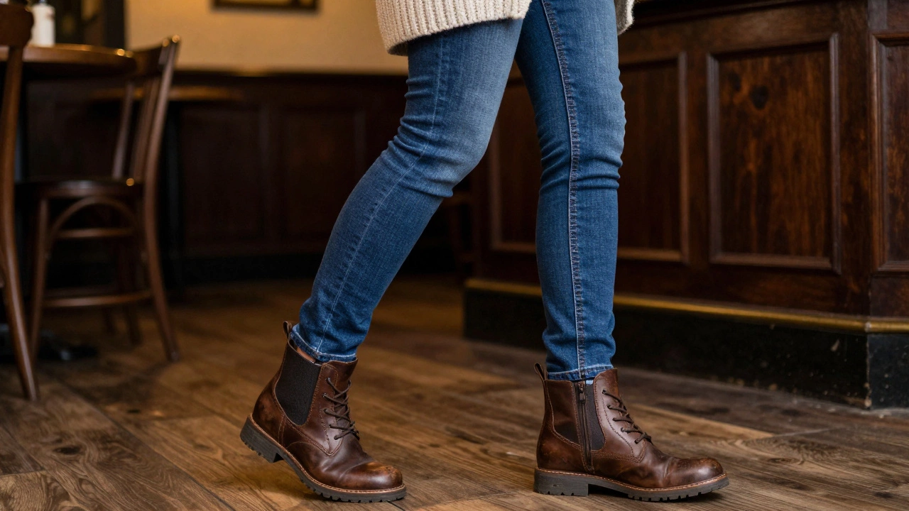 Close up of comfortable stretch jeans and leather boots for older women