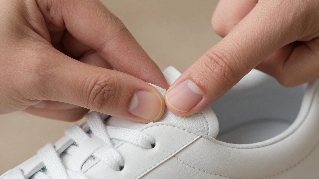 Close-up of hand pinching leather to show texture