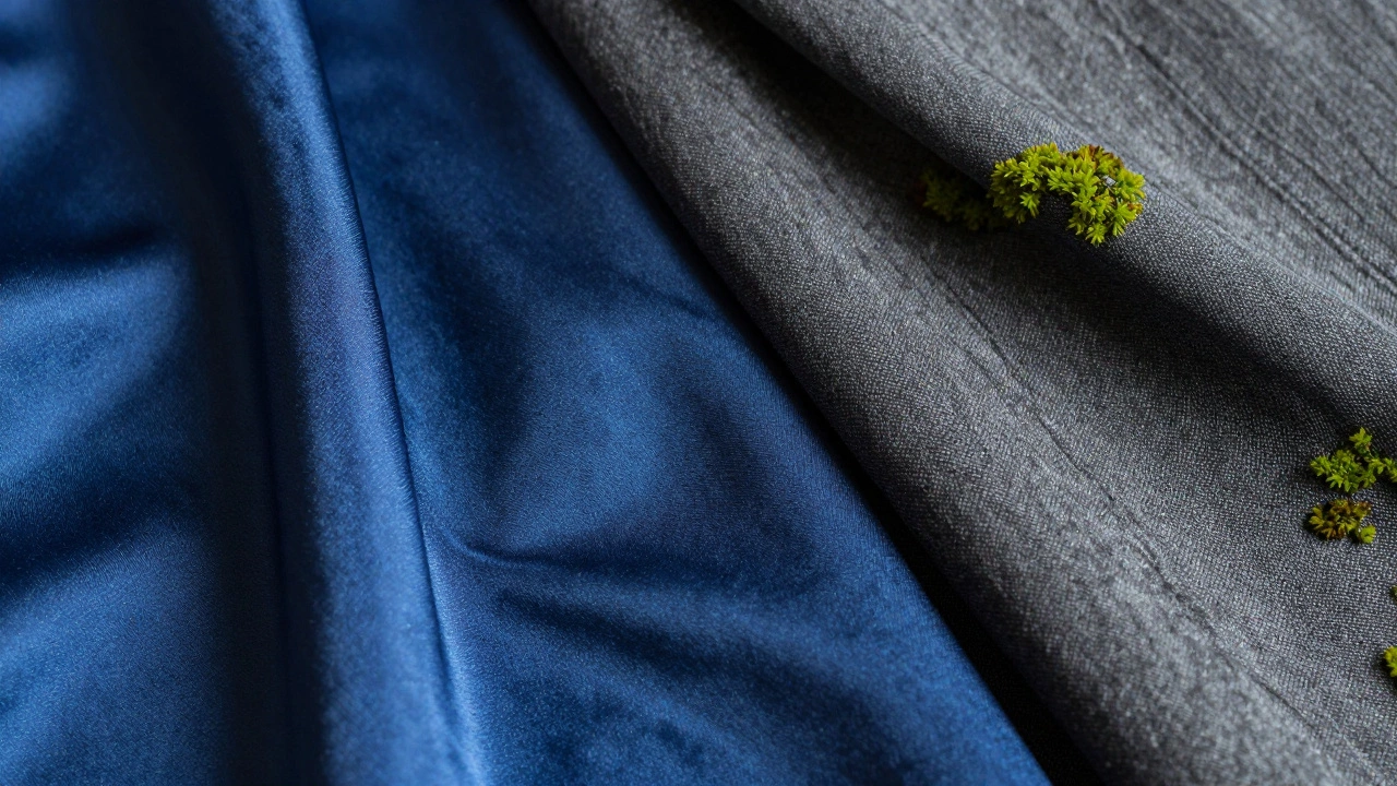 Close-up of luxury silk satin and linen fabric textures in blue and grey