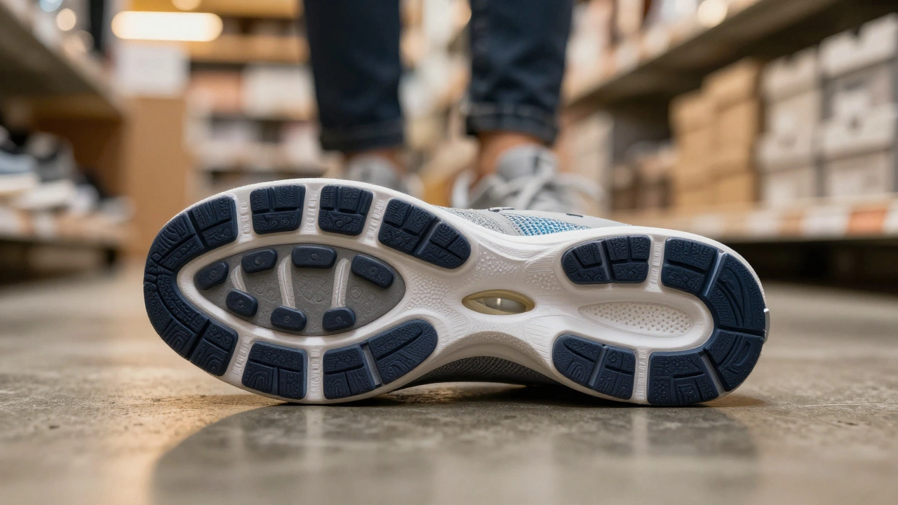 Close-up of slip-resistant shoe sole on polished floor