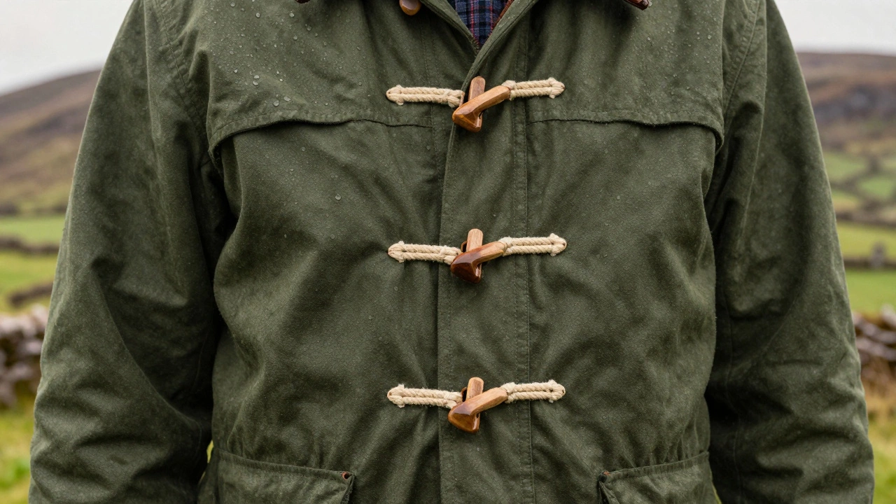 Close-up of waxed cotton jacket with wooden toggle closures