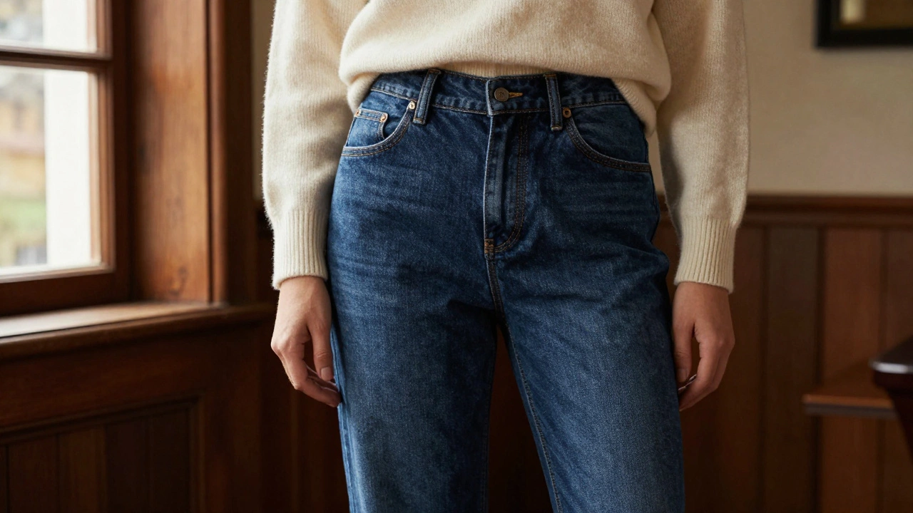 Dark indigo straight-leg jeans styled with a cream sweater indoors