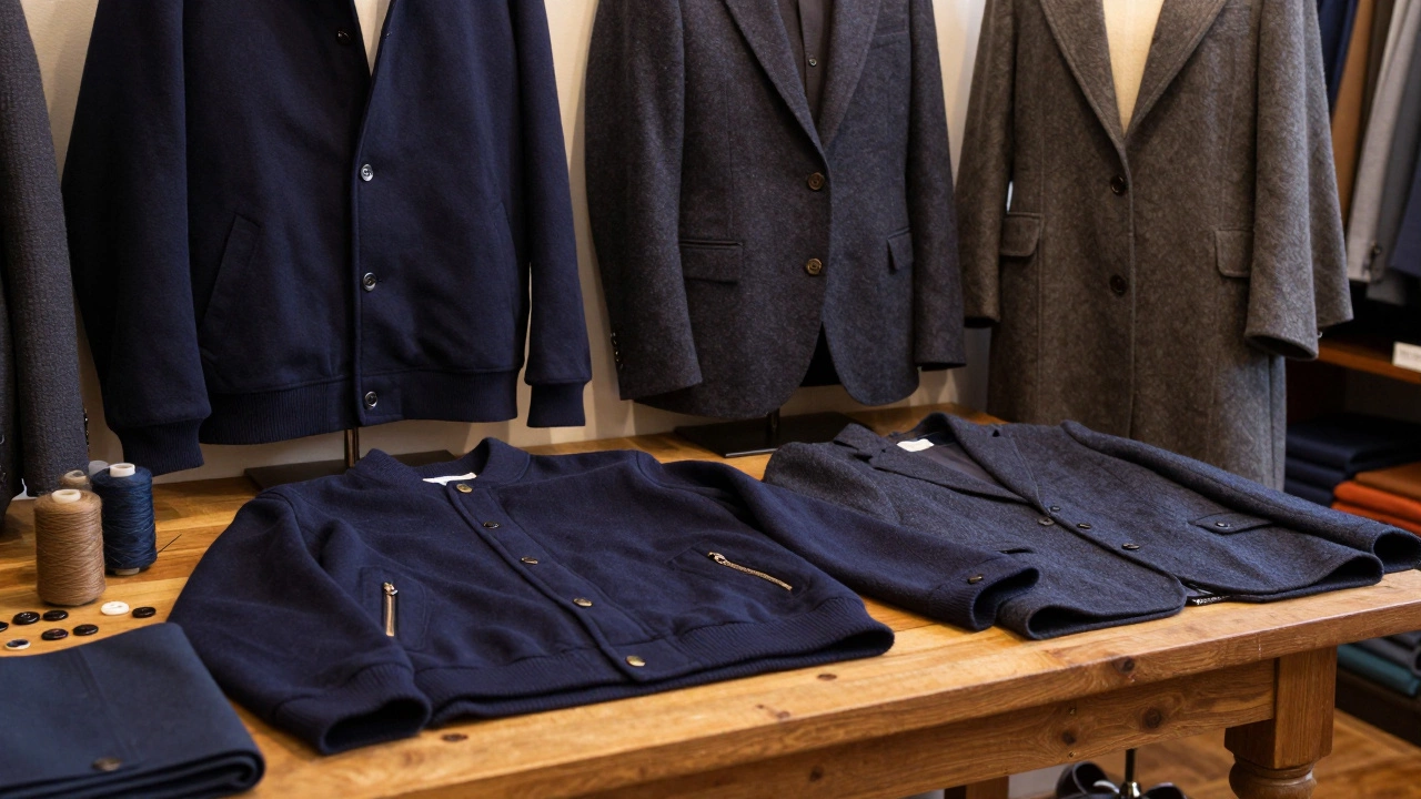 Display of button-up jackets and capes in a tailor shop