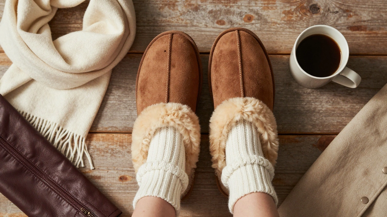 Flat lay of UGG slippers with socks, cashmere scarf, and coffee on wood