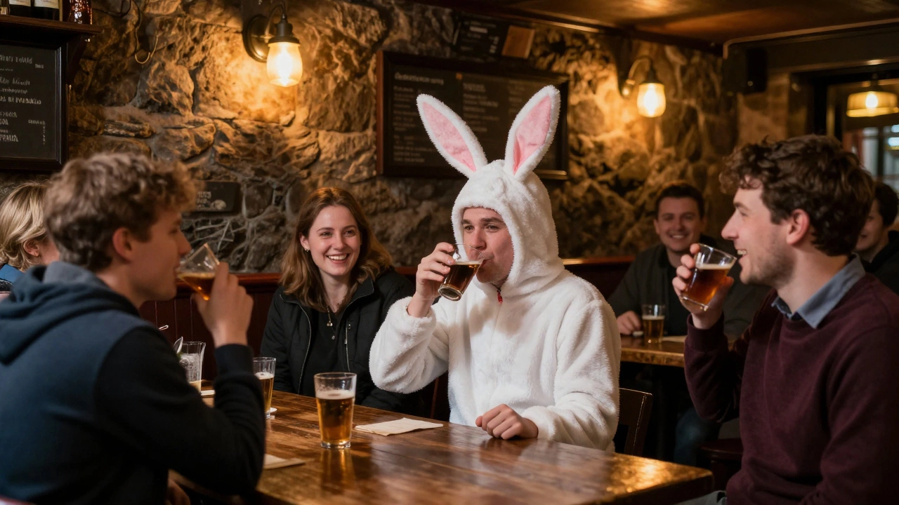 Friends laughing in pub with one person wearing a white bunny suit