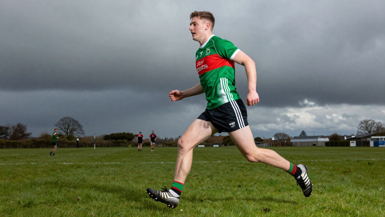 Gaelic football player wearing traditional loose-fitting GAA kit on pitch