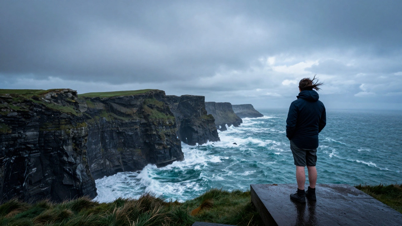 Hiker shivering in shorts on windy Irish coastal cliffs near crashing waves.