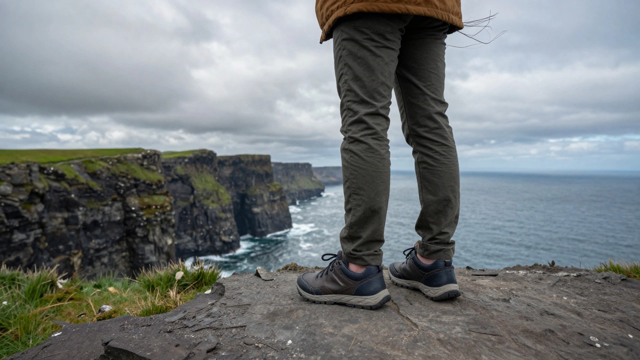 Hiker wearing waterproof sneakers on Irish coastal cliffs