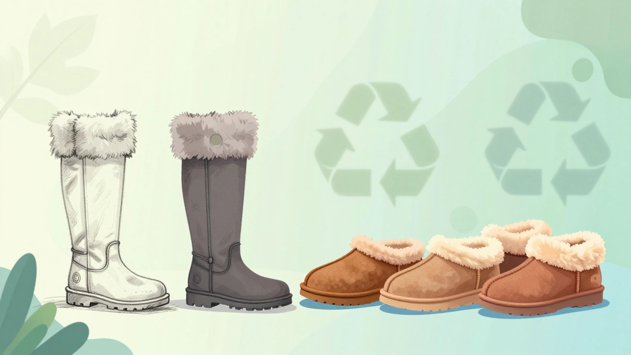 Illustration comparing bulky old boots with modern mini UGGs and vegan shoes