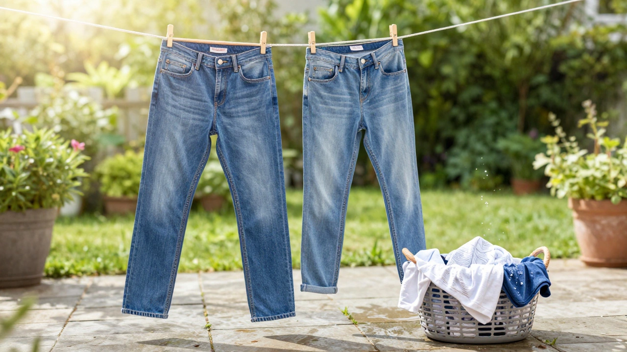 Jeans air drying on a clothesline outside in sunlight