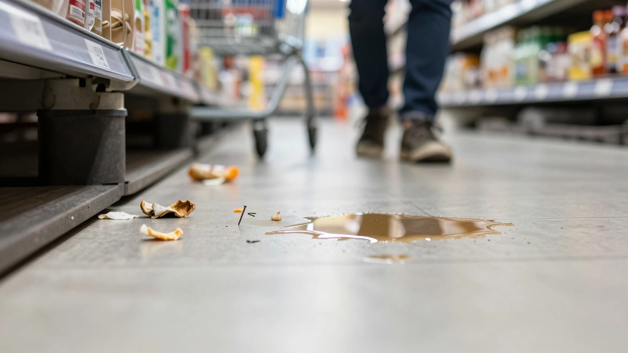 Low-angle view of hazardous debris and spills on store floor