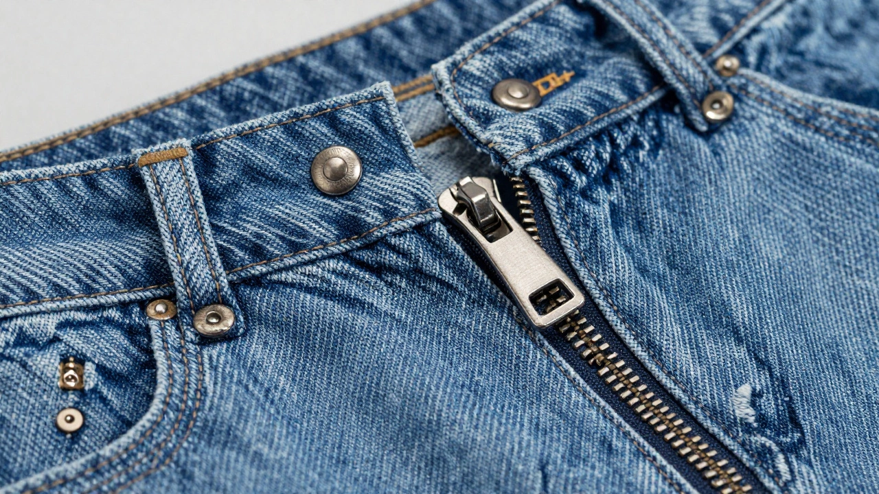 Macro shot of denim rivets, stitching, and zipper details