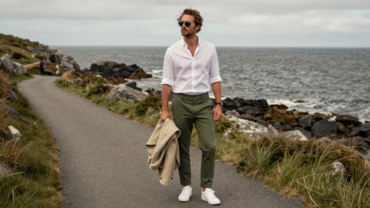 Man in chinos and sunglasses holding a jacket on a windy Irish coast