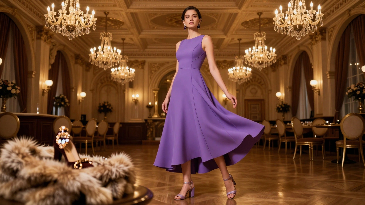 Model in asymmetrical purple evening gown in a grand ballroom
