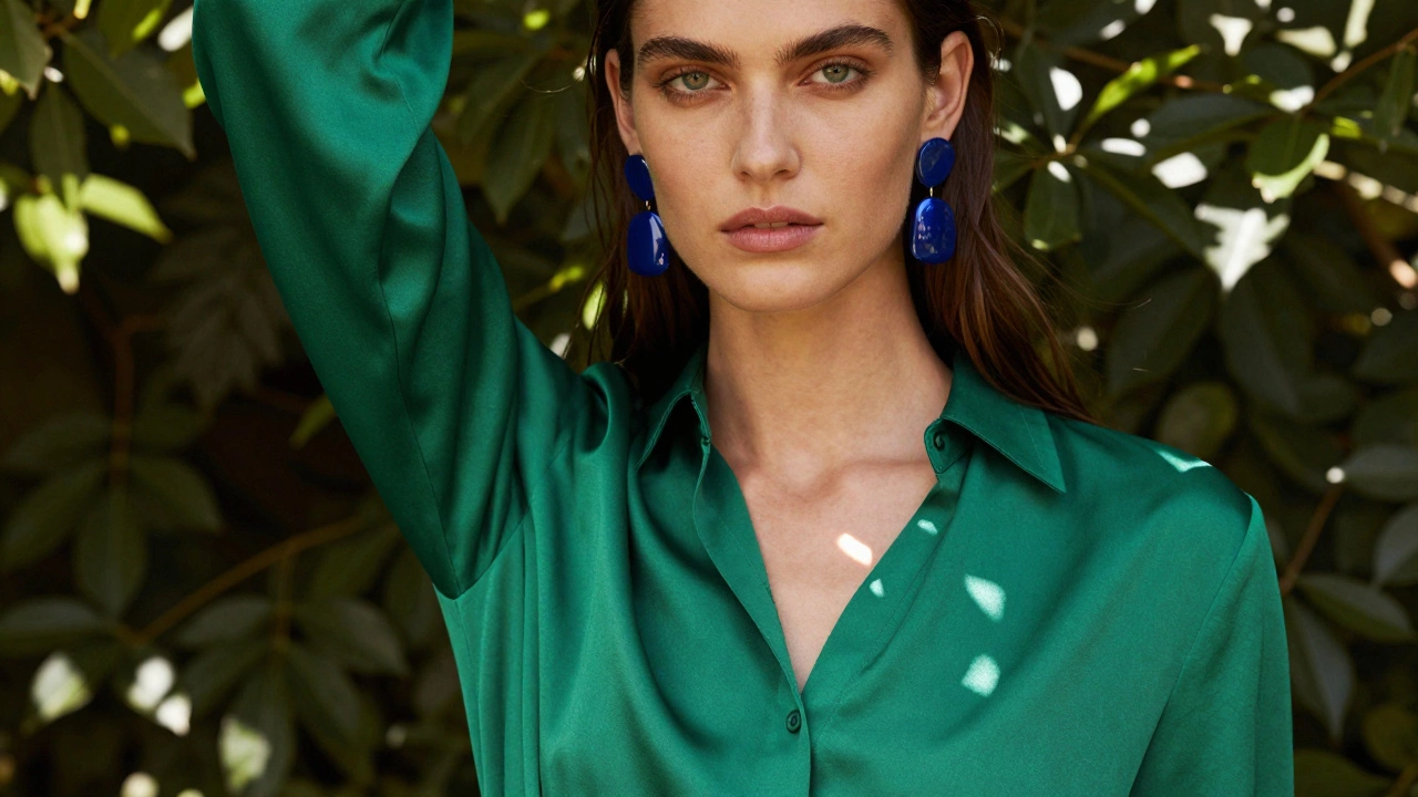 Model in emerald and sapphire jewelry tones in garden setting