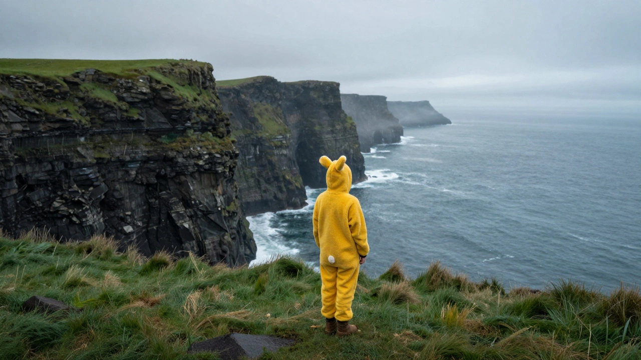 Person in yellow bunny suit standing on cliffs overlooking ocean