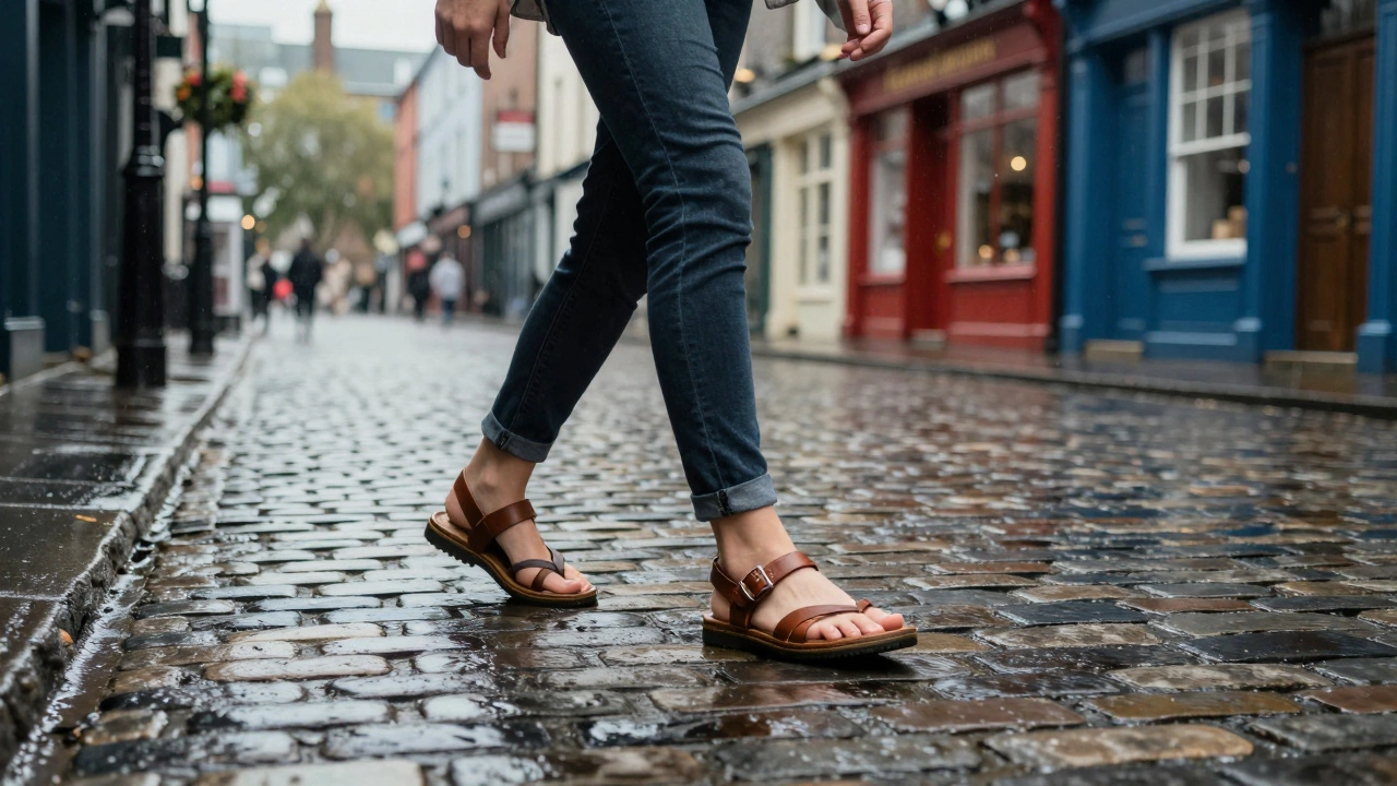 Person walking on wet cobblestones in sturdy sandals in rainy Dublin