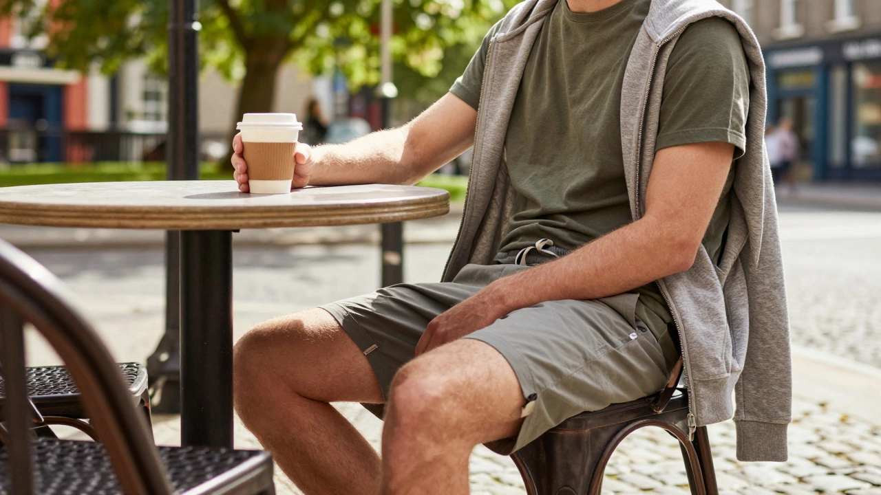 Relaxed person in shorts with a hoodie ready at a sunny Irish cafe.