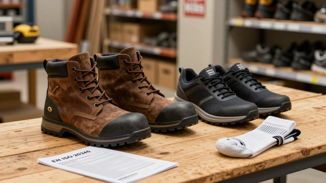 Safety boots and sneakers displayed with protective standards